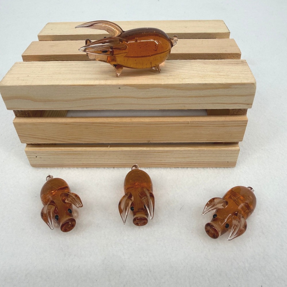 Unbranded Glass Pig Figurines Amber Brown Hand‎ Blown Set of 4 Mini MCM
